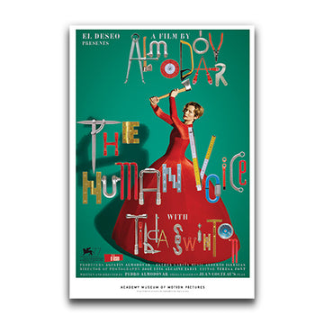 A movie poster for 'The Human Voice' featuring a colorful illustration of a character on stage with text elements creatively integrated into the design.
